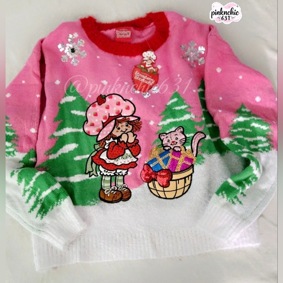 Strawberry Shortcake Festive Pink Embroidered Sequin Christmas Sweater - Picture 3 of 10